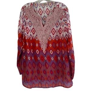 Soft Surroundings Cinnabar Red Purple Tunic Top Embroidered Ikat Boho SZ X-Large